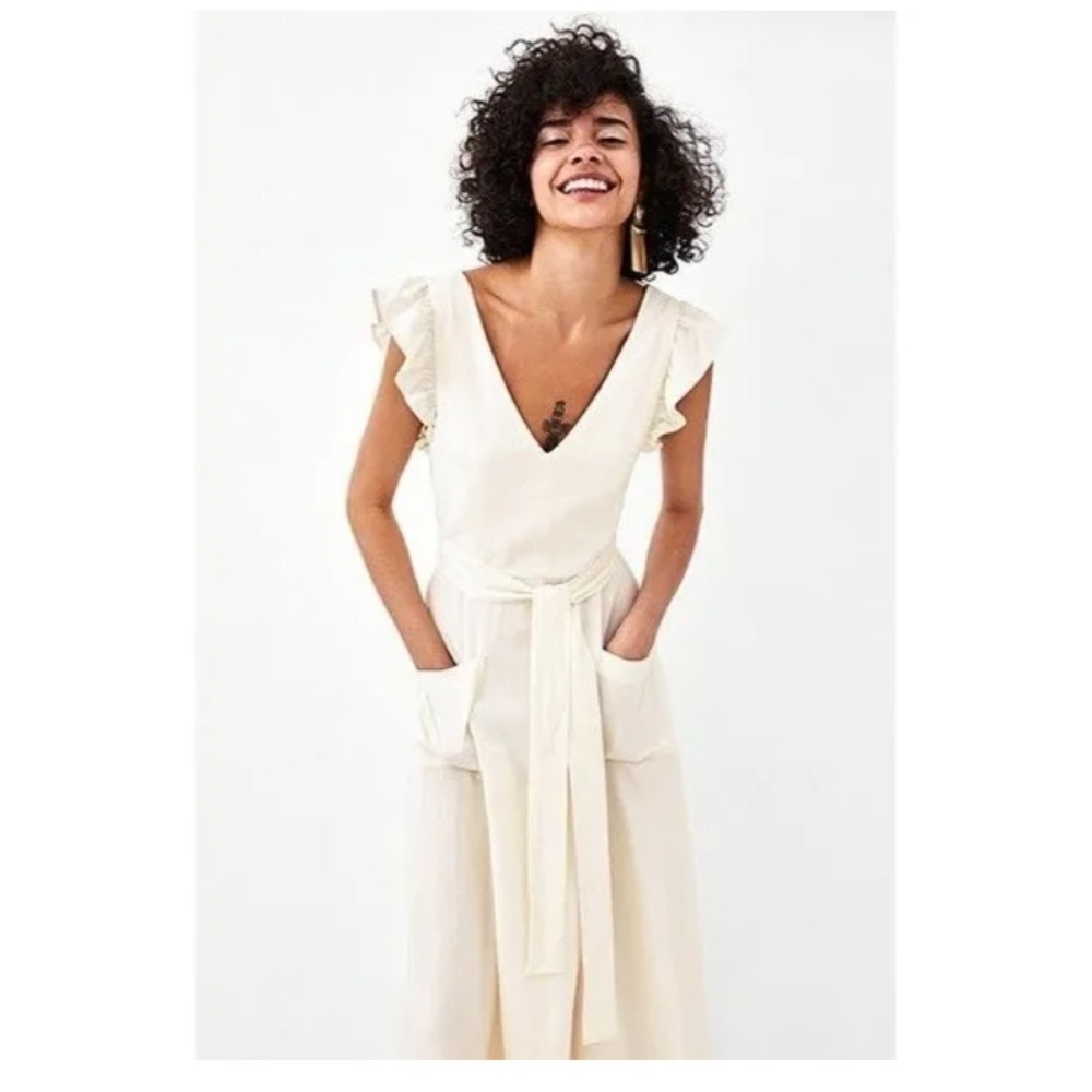 ZARA Linen Blend Belted Midi Dress S